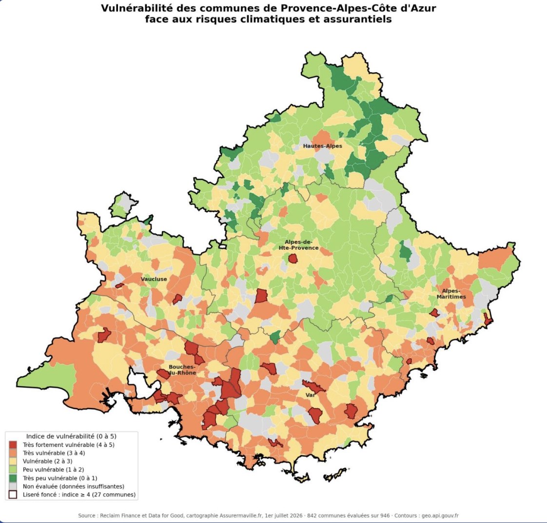 Carte de la vulnérabilité des communes de Provence-Alpes-Côte d'Azur face aux risques climatiques et assurantiels, par classe d'indice de 0 à 5