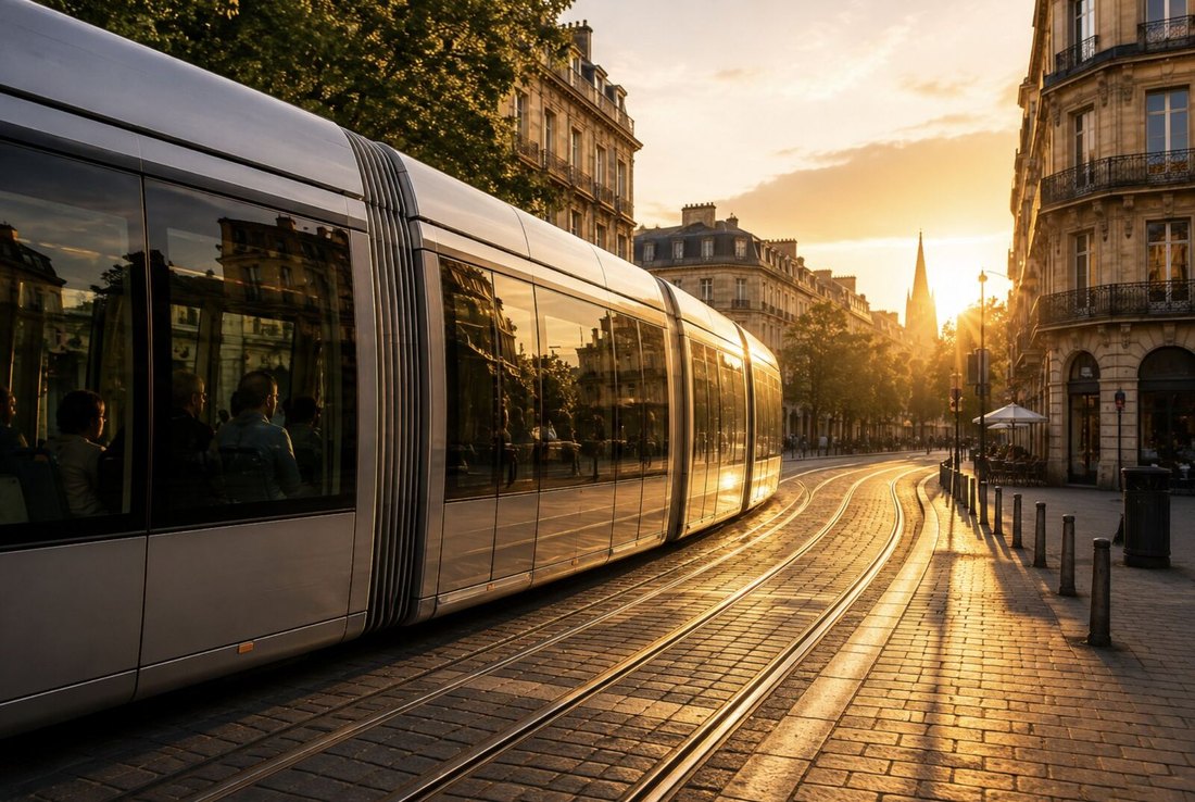 Tramway au coucher du soleil dans une rue historique de Bordeaux