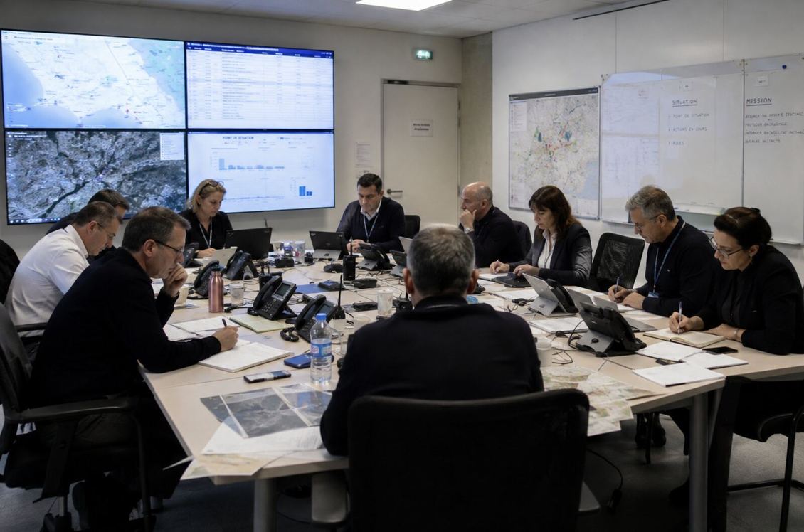 Cellule de crise réunie autour d'une table, écrans de situation et cartes affichés