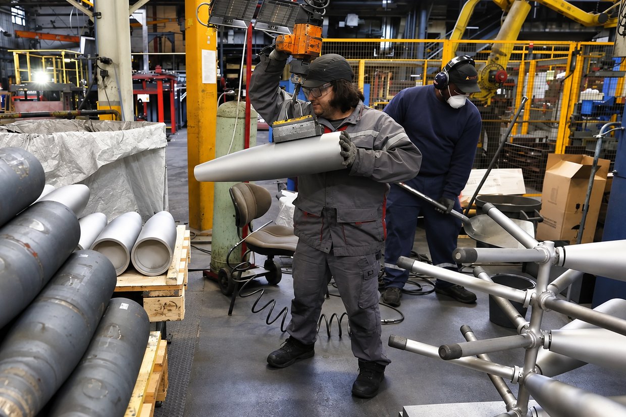 Deux opérateurs dans un atelier de production, l'un portant un corps d'obus sous un palan, l'autre maniant un outil long